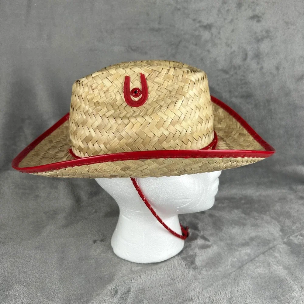 Kids Woven Straw Cowboy Hat Red Trim Western Costume Sheriff Accessory